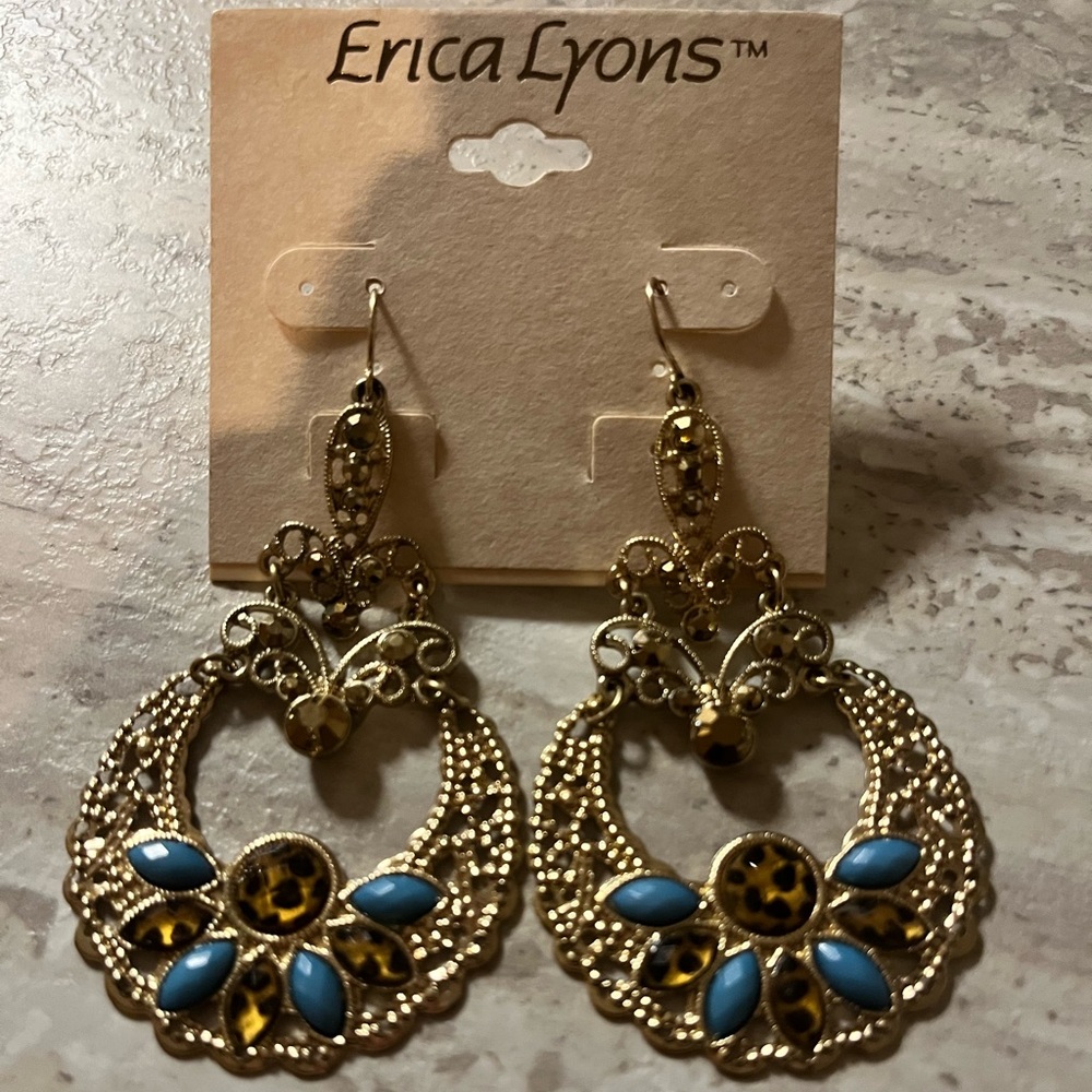Erica Lyons Gold/Blue Leopard print OS Fashion Pierced Earrings
